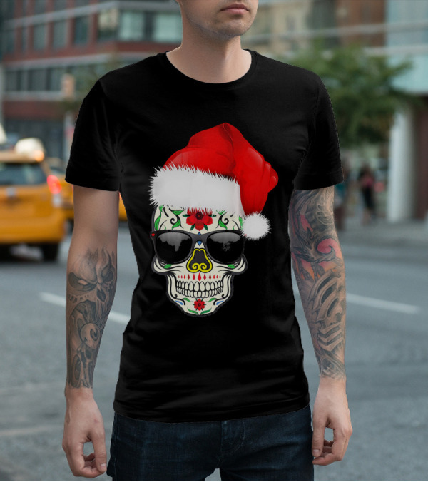 Christmas Santa Hat Day Of The Dead Sugar Skull Suga T-Shirt