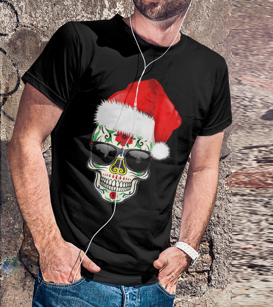 Christmas Santa Hat Day Of The Dead Sugar Skull Suga T-Shirt