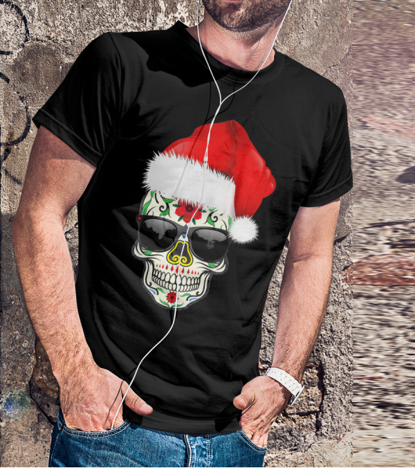 Christmas Santa Hat Day Of The Dead Sugar Skull Suga T-Shirt