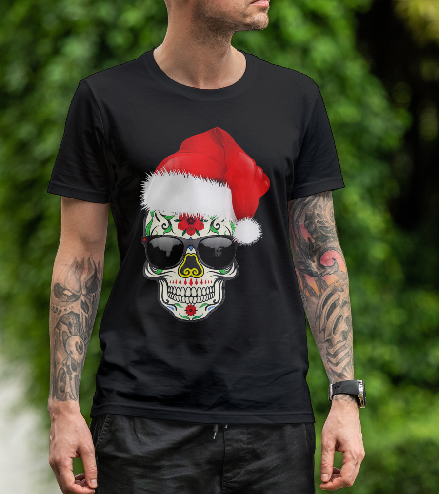 Christmas Santa Hat Day Of The Dead Sugar Skull Suga T-Shirt