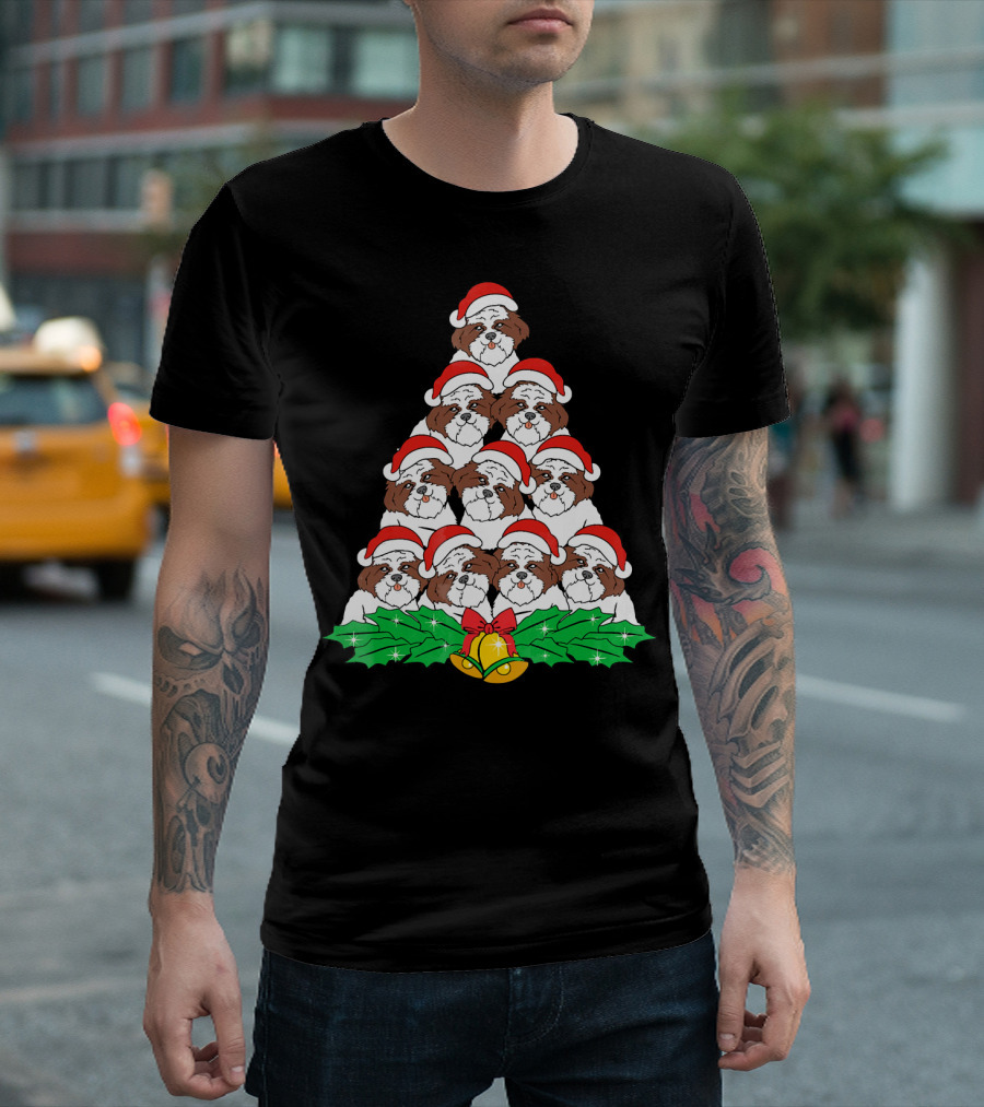Shih Tzu Christmas Tree Dog Santa Hat Bells Holly Xmas Lover T-Shirt