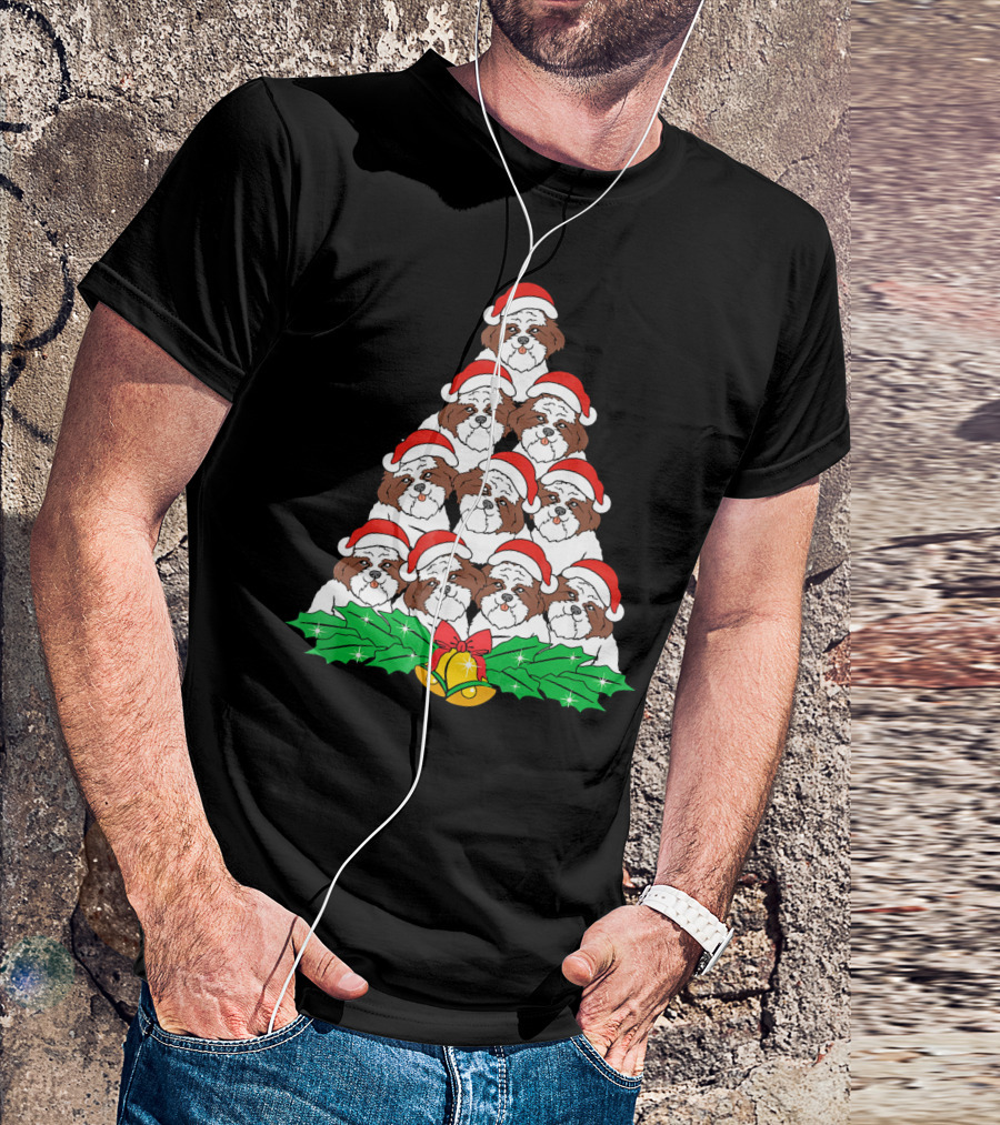 Shih Tzu Christmas Tree Dog Santa Hat Bells Holly Xmas Lover T-Shirt