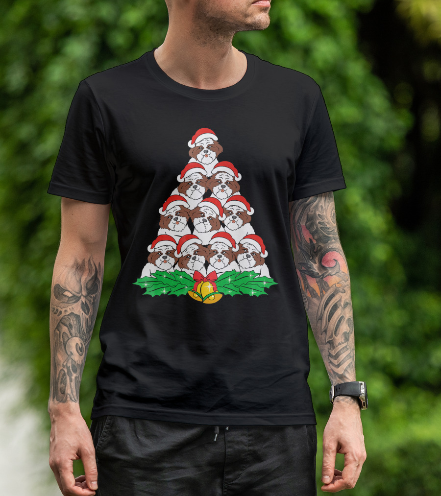 Shih Tzu Christmas Tree Dog Santa Hat Bells Holly Xmas Lover T-Shirt