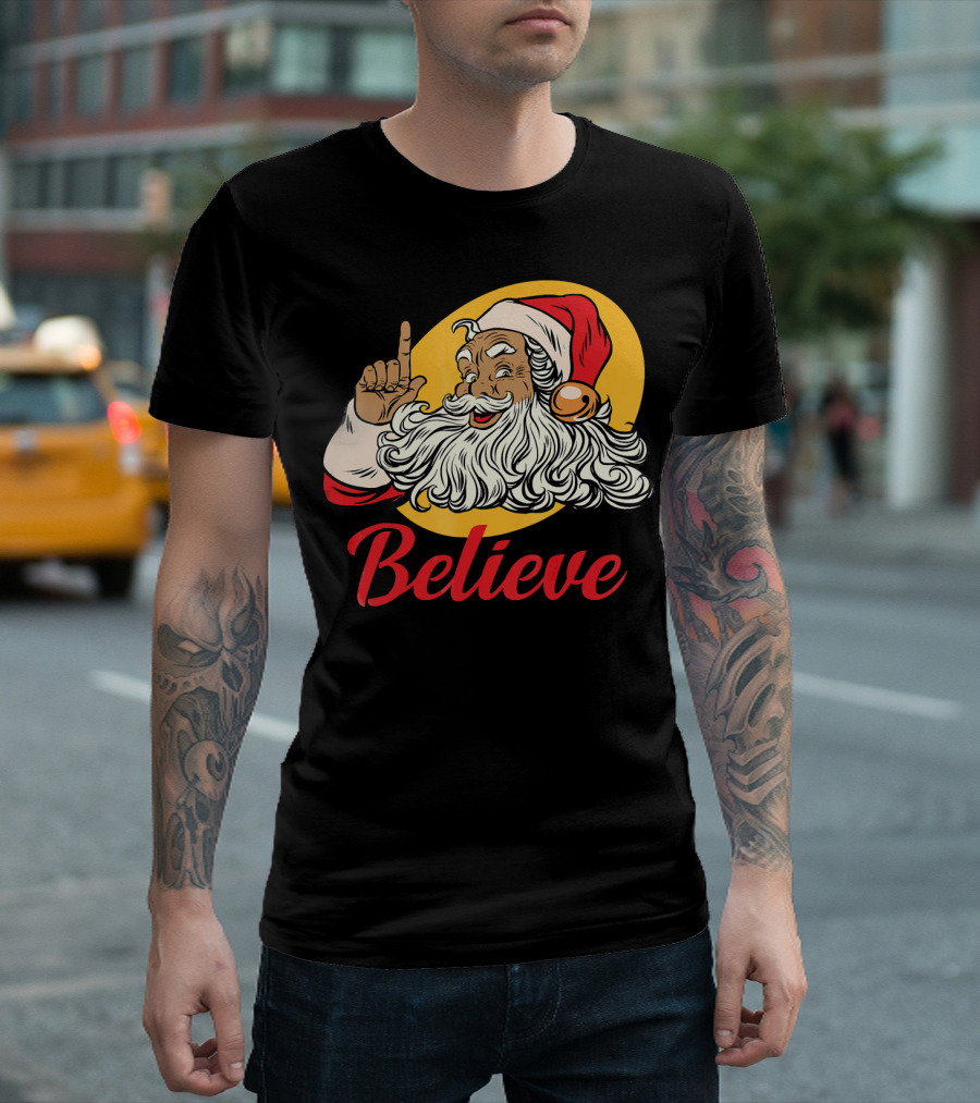 Black Santa Claus with Believe Caption and Yellow Background T-Shirt