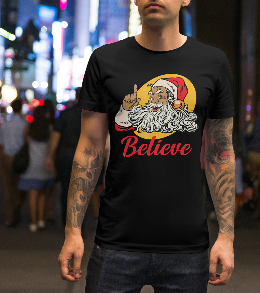 Black Santa Claus With Believe Caption And Yellow Background T-Shirt