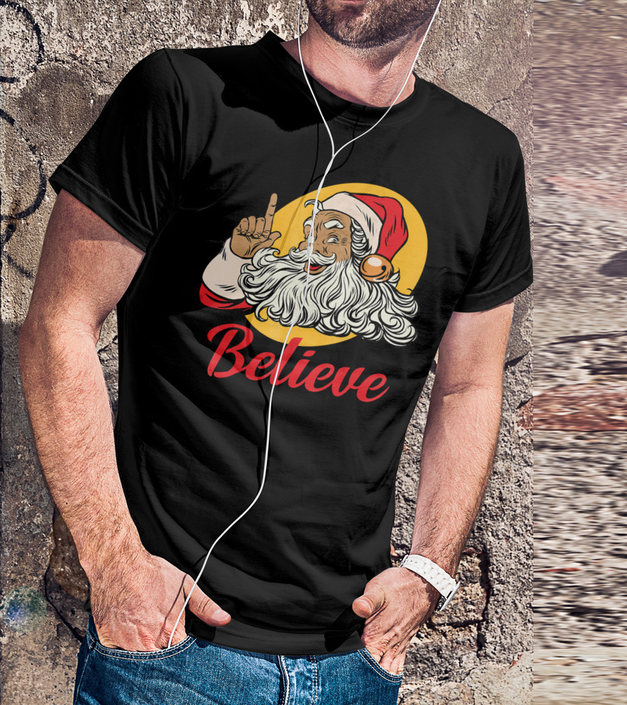 Black Santa Claus With Believe Caption And Yellow Background T-Shirt