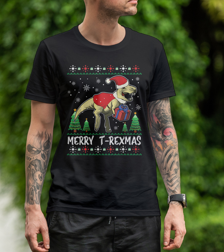 Merry T-Rexmas Dinosaur Santa Claus Holiday Snowflakes Trees T-Shirt
