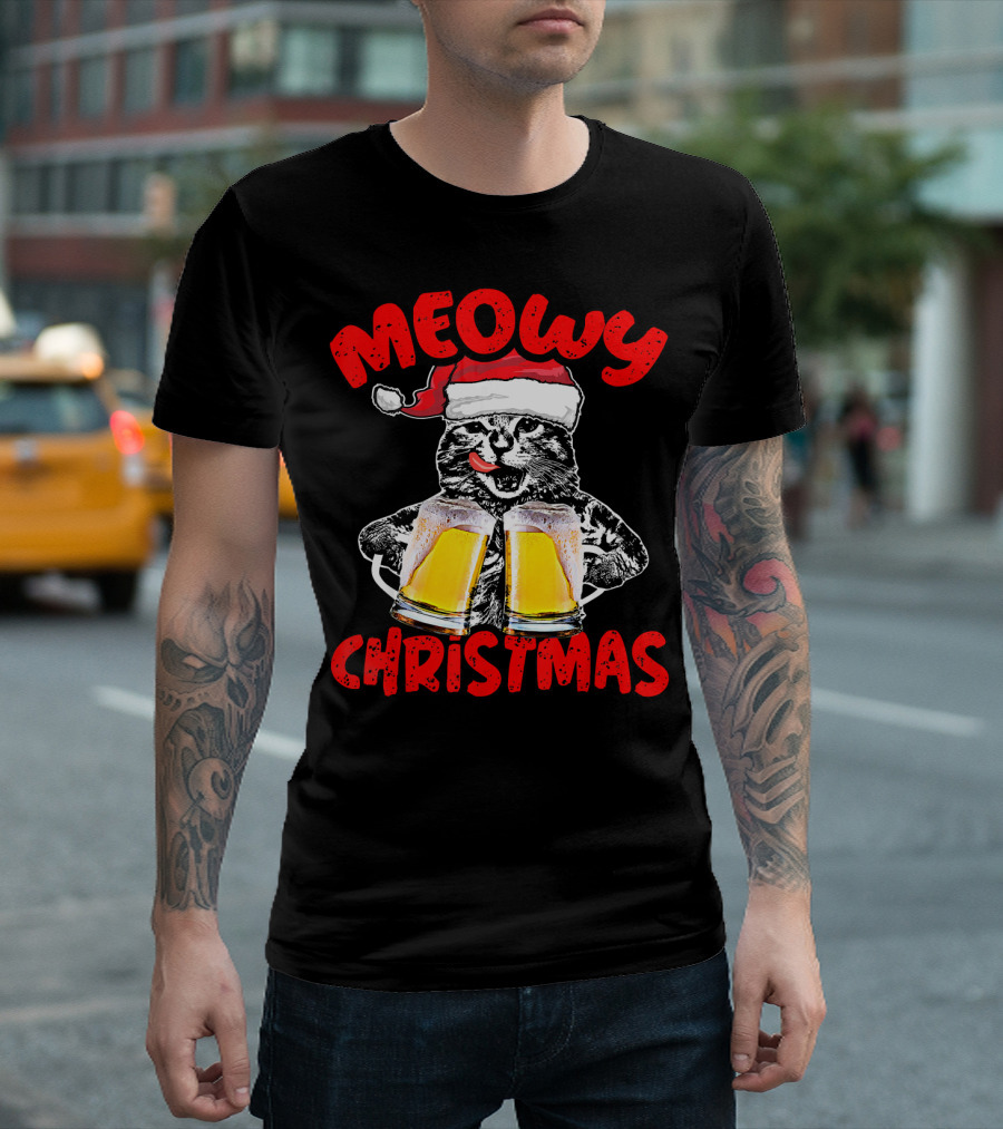Meowy Christmas Funny Meow Drinking Beer Cat T-Shirt