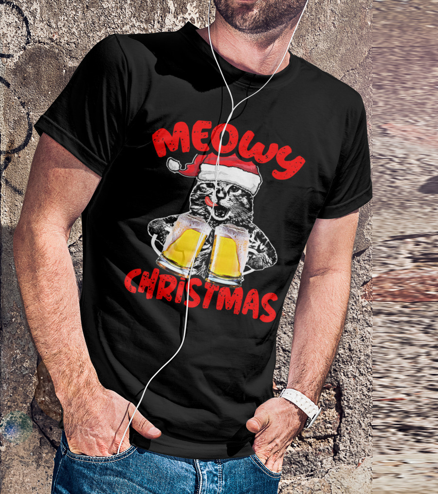 Meowy Christmas Funny Meow Drinking Beer Cat T-Shirt
