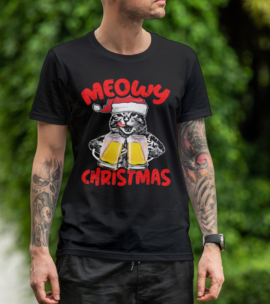 Meowy Christmas Funny Meow Drinking Beer Cat T-Shirt