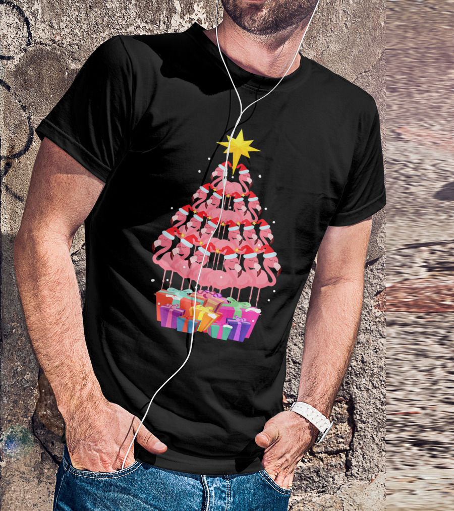 Flamingo Santa Hat Christmas Tree With Gifts And Star T-Shirt