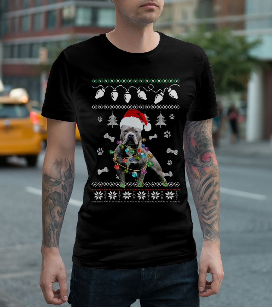 Pitbull Christmas Lights Santa Hat Ugly T-Shirt