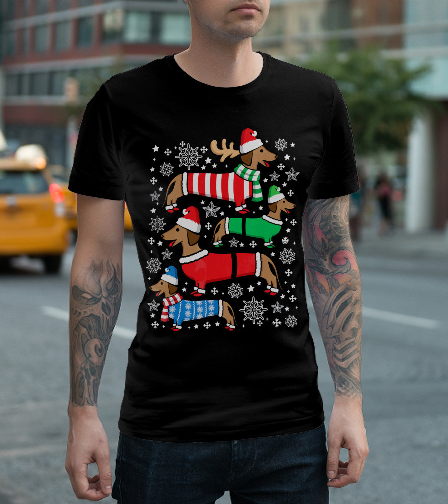 Dachshund Merry Christmas Weiner Ugly Sweater Santa Reindeer Snowflakes T-Shirt