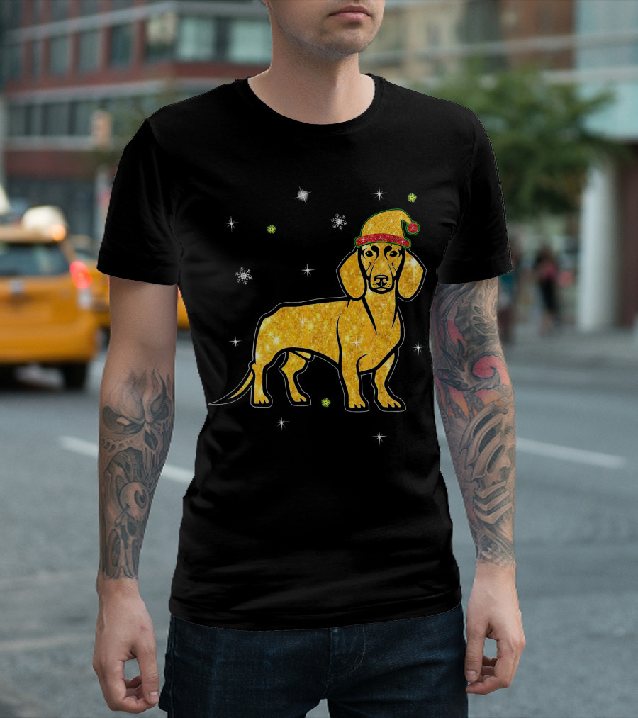 Christmas Lights Glitter Dachshund Dog with Santa Hat and Snowflakes T-Shirt