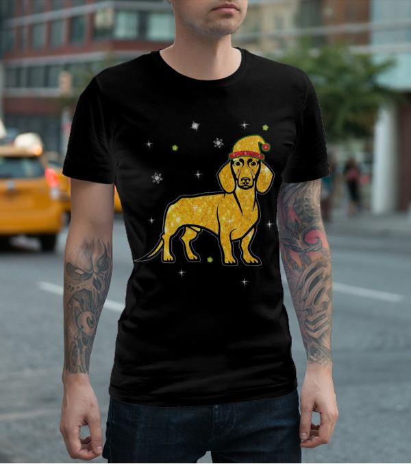 Christmas Lights Glitter Dachshund Dog With Santa Hat And Snowflakes T-Shirt