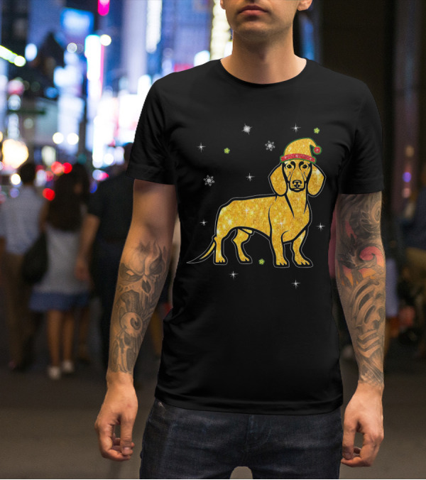 Christmas Lights Glitter Dachshund Dog With Santa Hat And Snowflakes T-Shirt