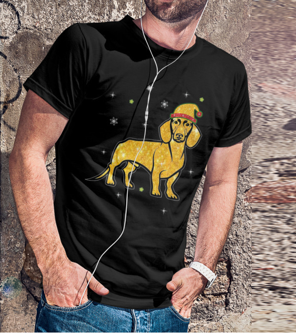 Christmas Lights Glitter Dachshund Dog With Santa Hat And Snowflakes T-Shirt