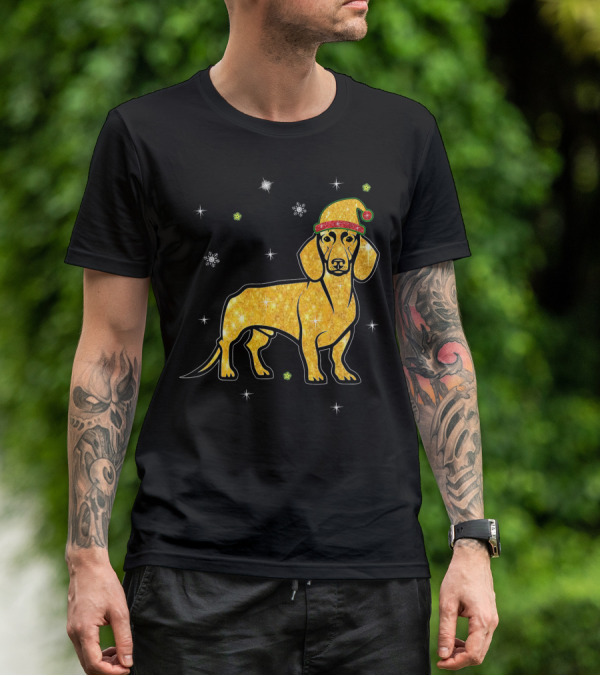 Christmas Lights Glitter Dachshund Dog With Santa Hat And Snowflakes T-Shirt