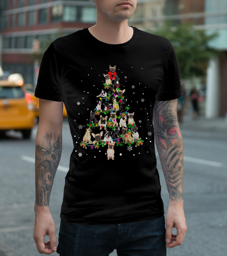 Cute Frenchies Dog Christmas Tree Snowflakes Bright Decorations T-Shirt