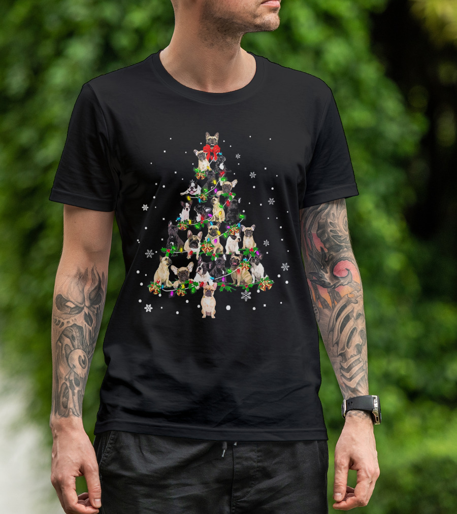 Cute Frenchies Dog Christmas Tree Snowflakes Bright Decorations T-Shirt