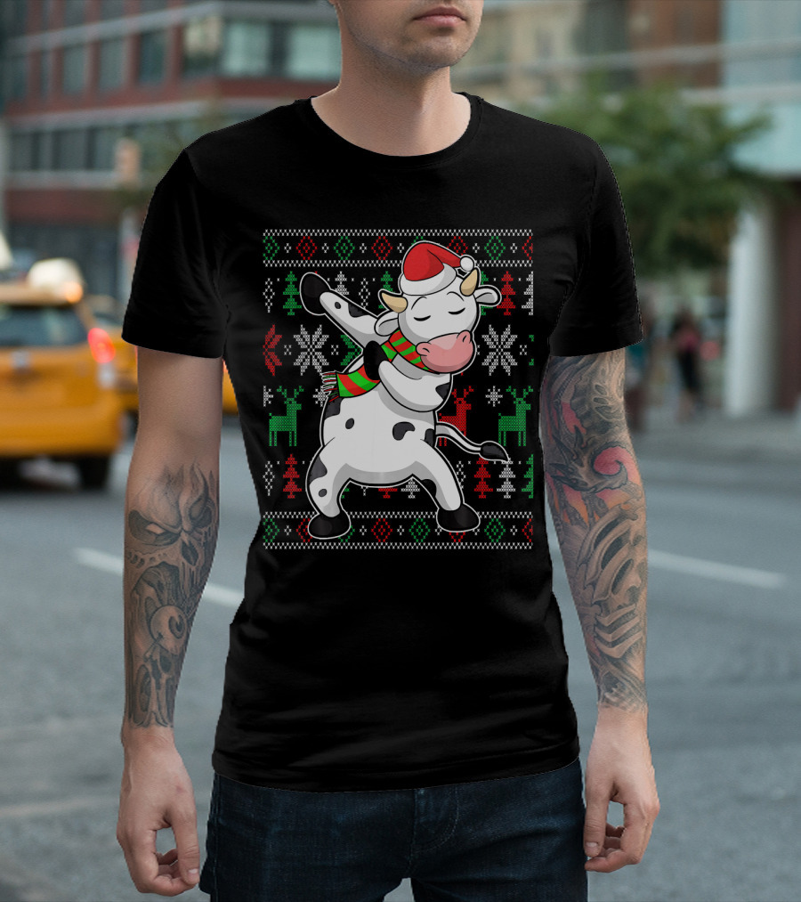 Ugly Christmas Dabbing Santa Cow with Festive Reindeer and Snowflakes T-Shirt