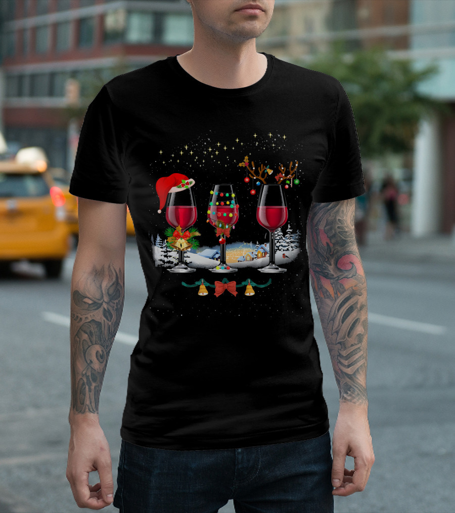 Three Christmas Red Wine Glasses Santa Hat Reindeer Lights Snowy Village T-Shirt