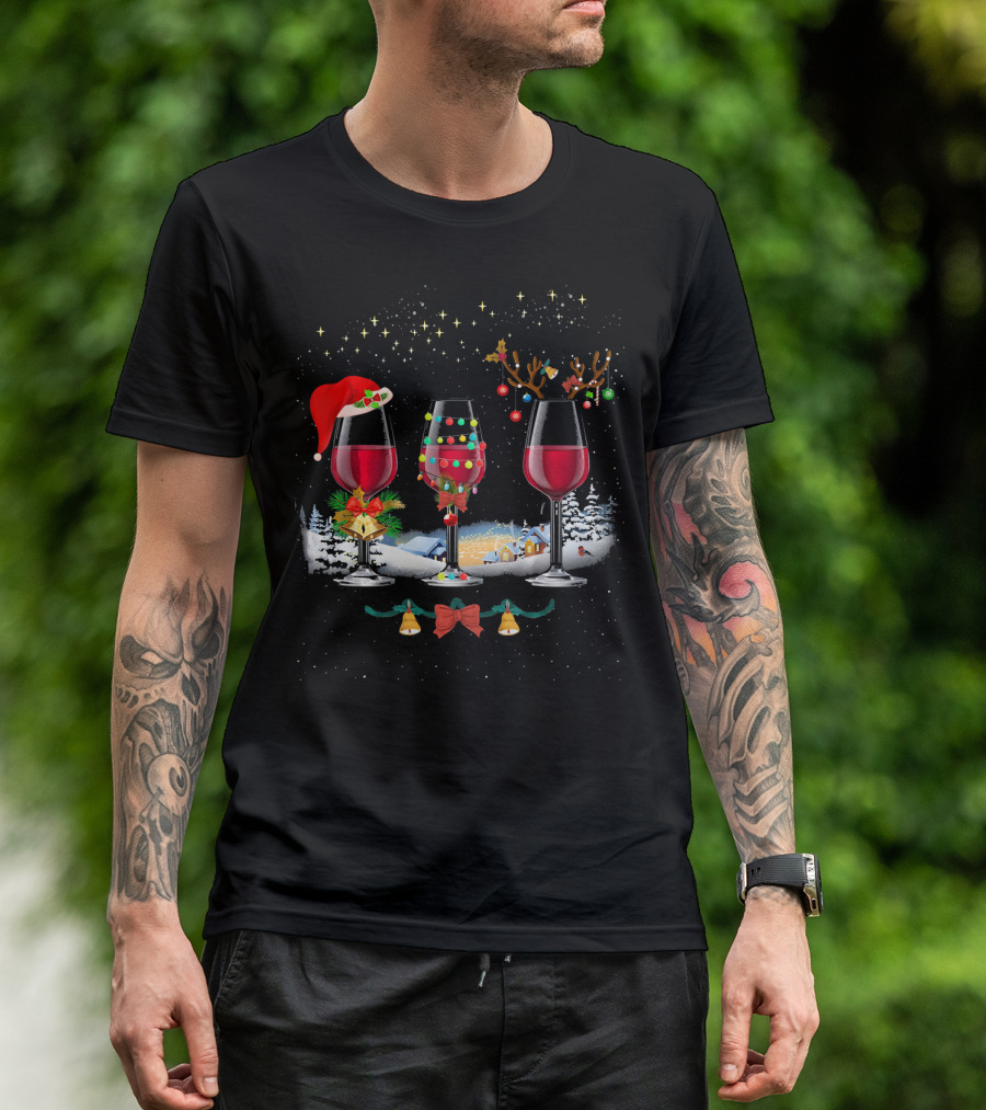 Three Christmas Red Wine Glasses Santa Hat Reindeer Lights Snowy Village T-Shirt