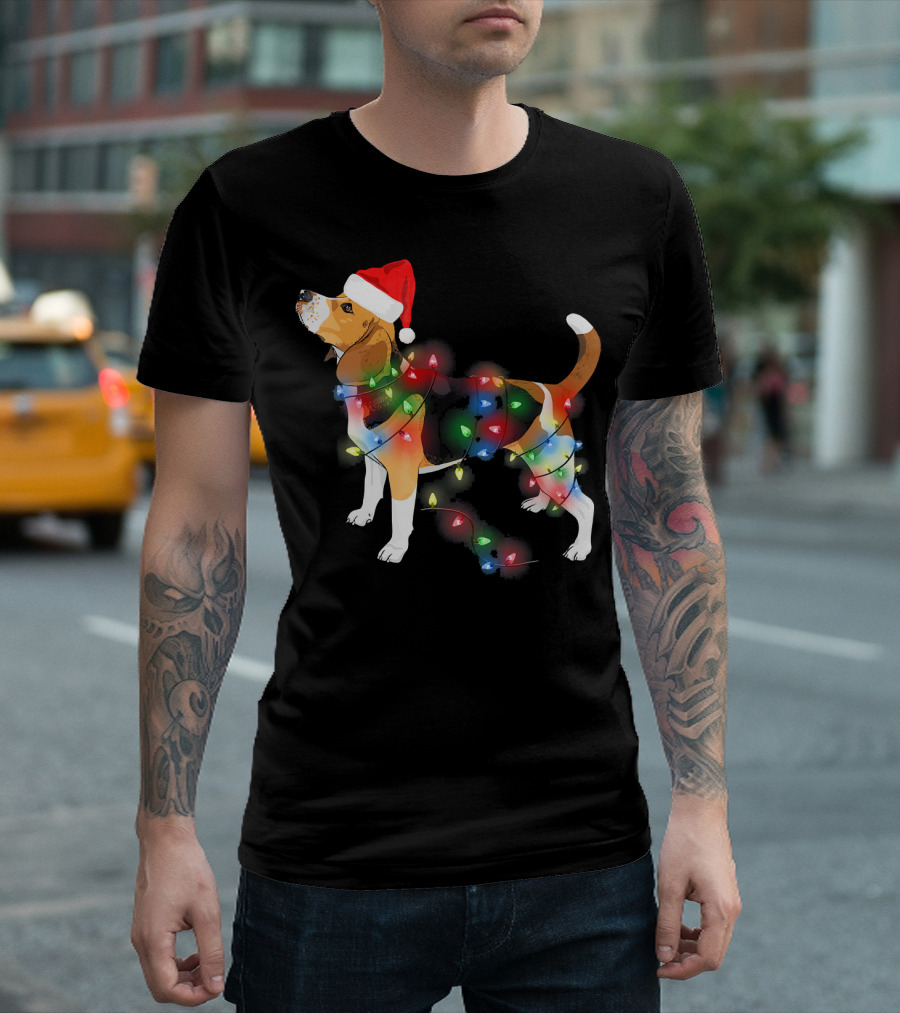 Beagle with Christmas Lights and Santa Hat T-Shirt