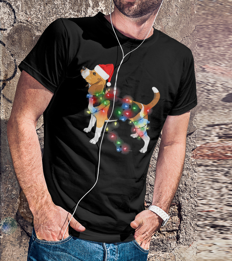 Beagle With Christmas Lights And Santa Hat T-Shirt