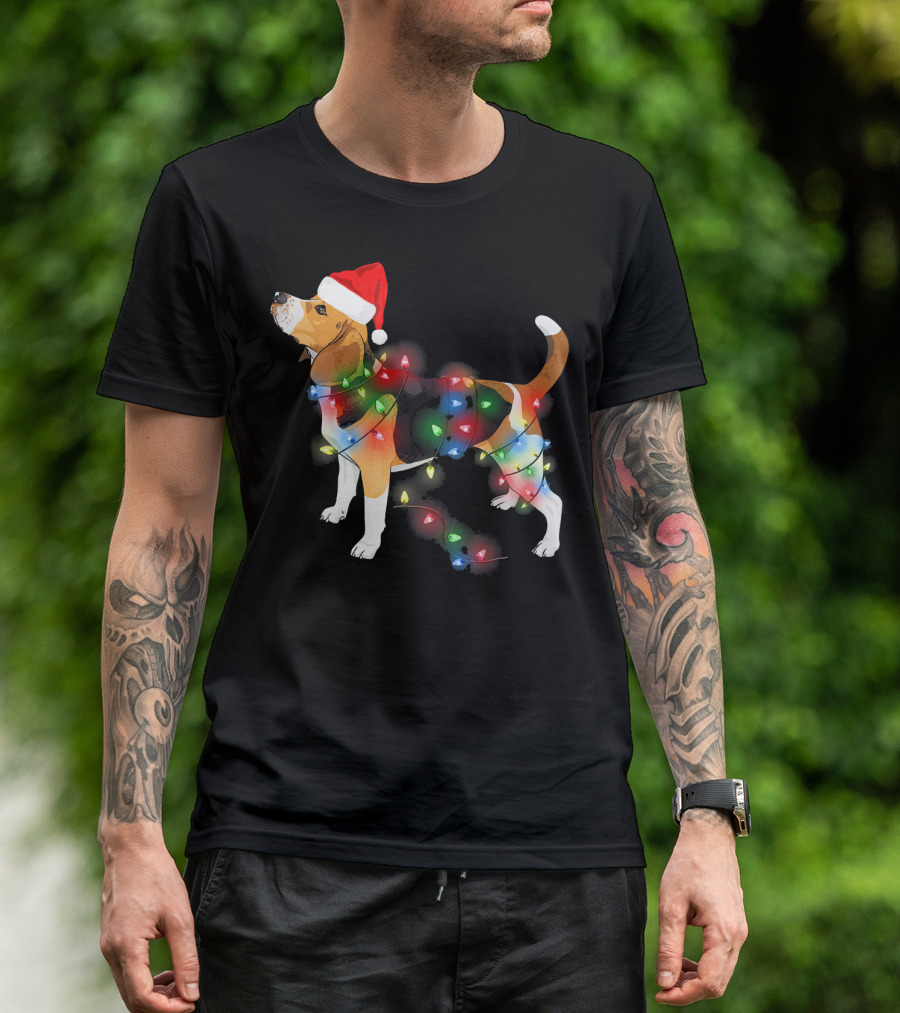 Beagle With Christmas Lights And Santa Hat T-Shirt
