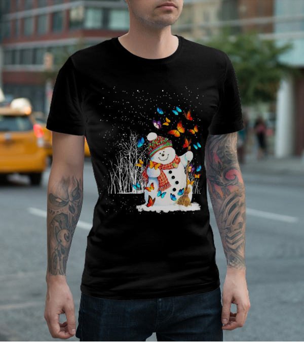 Snowman With Butterflies In A Snowy Forest T-Shirt