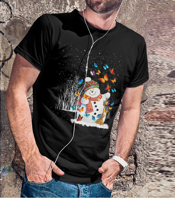 Snowman With Butterflies In A Snowy Forest T-Shirt