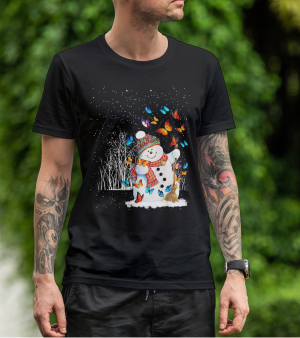 Snowman With Butterflies In A Snowy Forest T-Shirt