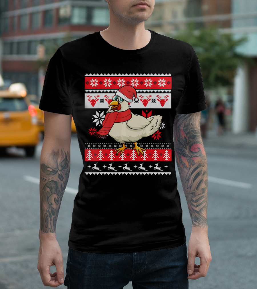 Ugly Christmas Chicken Santa Hat Snowflakes Reindeer Red Scarf T-Shirt