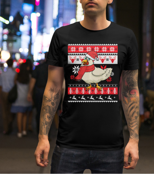 Ugly Christmas Chicken Santa Hat Snowflakes Reindeer Red Scarf T-Shirt