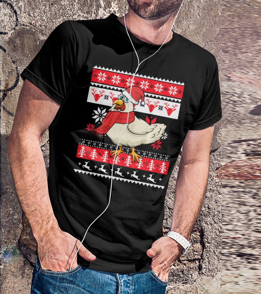 Ugly Christmas Chicken Santa Hat Snowflakes Reindeer Red Scarf T-Shirt