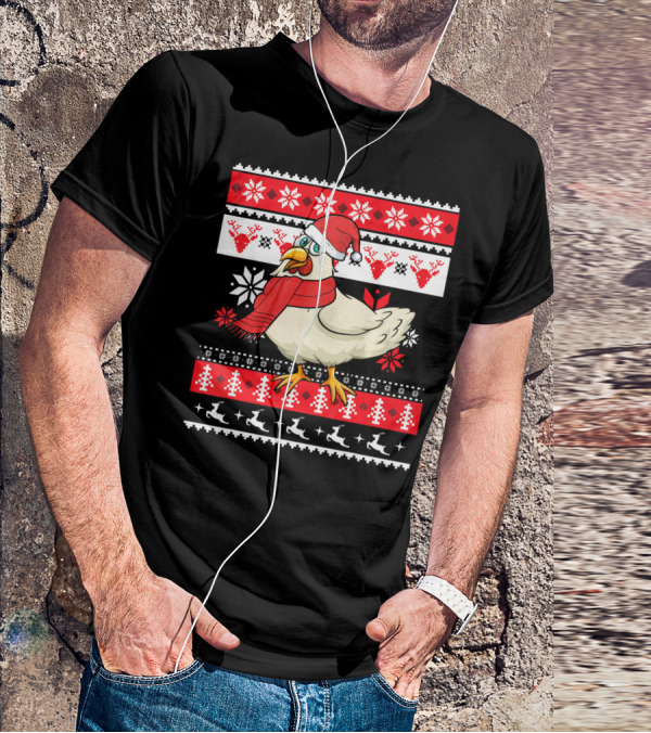 Ugly Christmas Chicken Santa Hat Snowflakes Reindeer Red Scarf T-Shirt