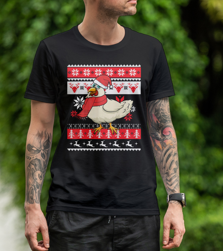 Ugly Christmas Chicken Santa Hat Snowflakes Reindeer Red Scarf T-Shirt