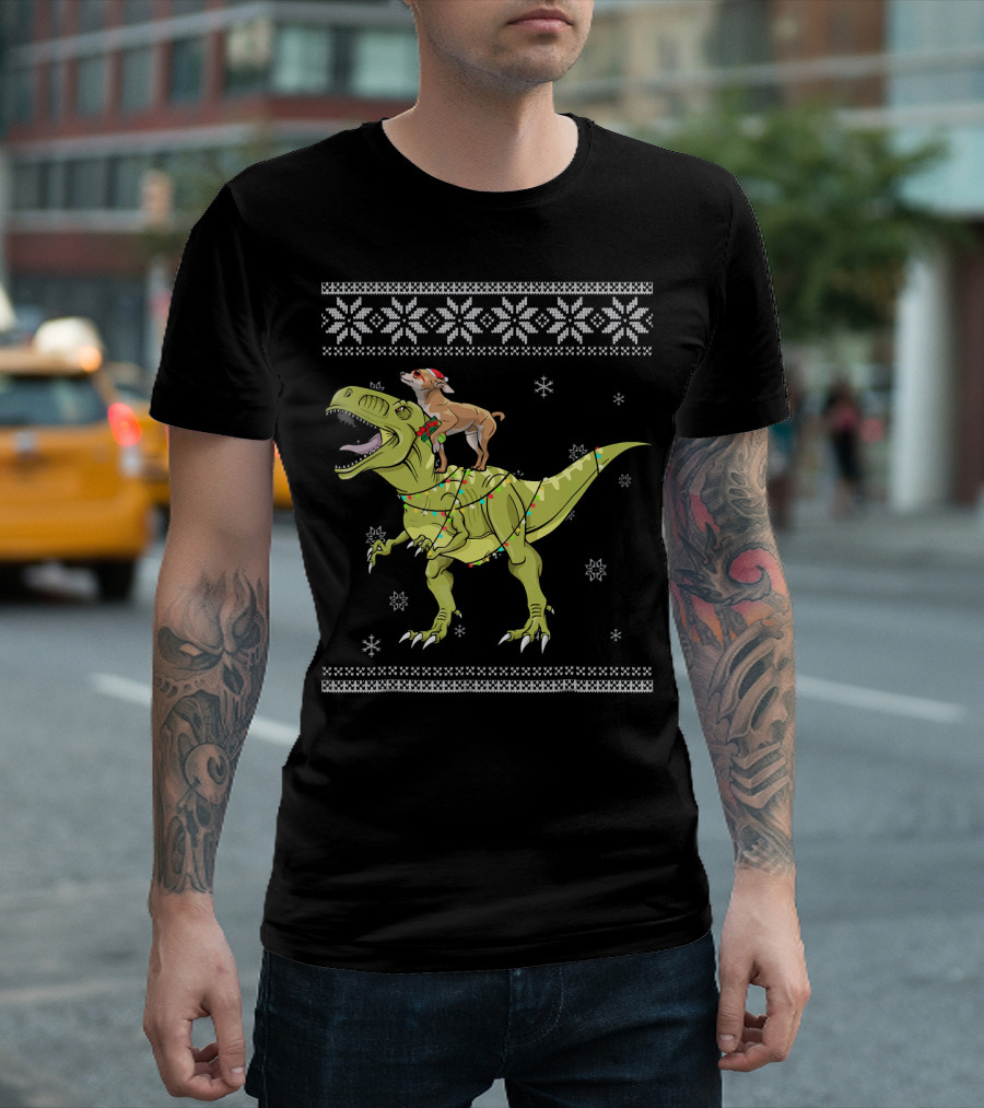 Chihuahua Riding Rex Dinosaur With Christmas Lights And Snowflakes T-Shirt