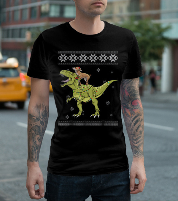 Chihuahua Riding Rex Dinosaur With Christmas Lights And Snowflakes T-Shirt