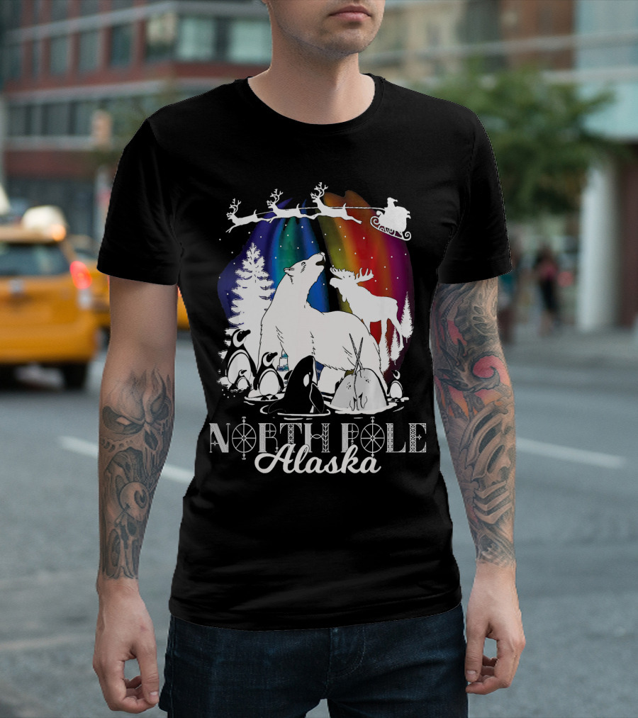 North Pole Alaska Aurora Borealis Polar Bears Reindeer Penguins Santa Sleigh T-Shirt