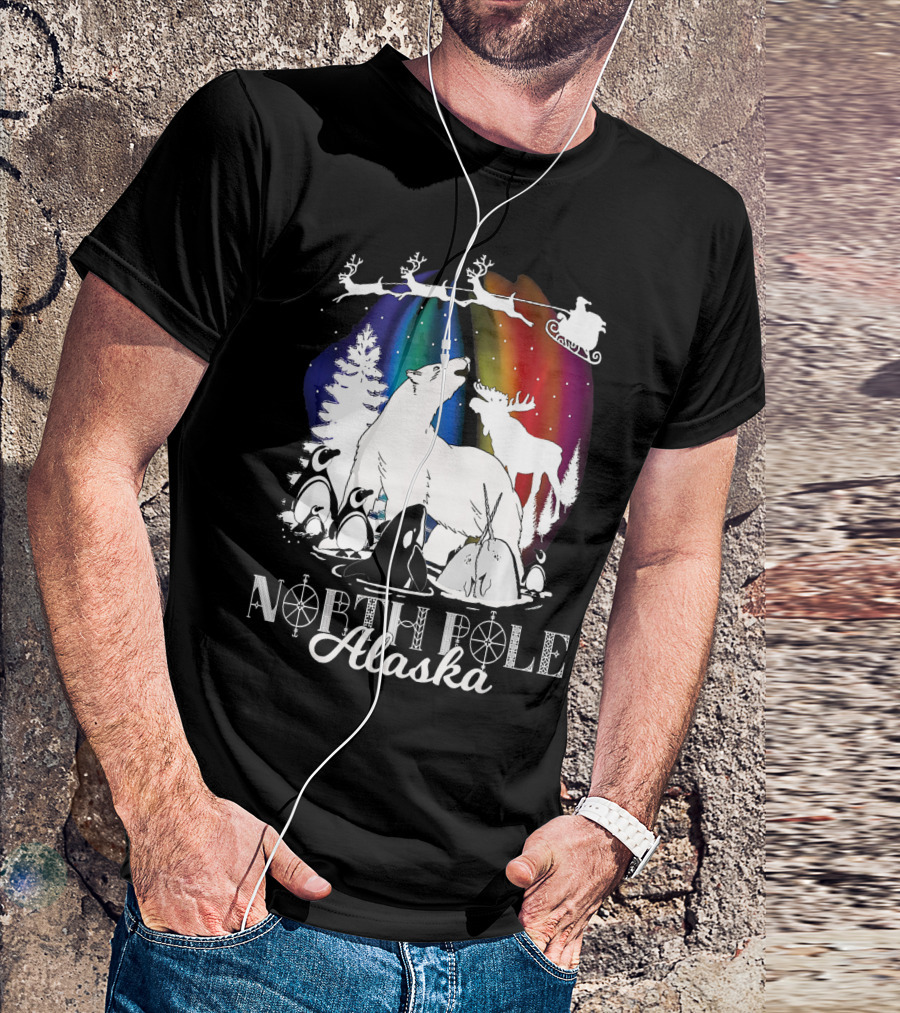 North Pole Alaska Aurora Borealis Polar Bears Reindeer Penguins Santa Sleigh T-Shirt