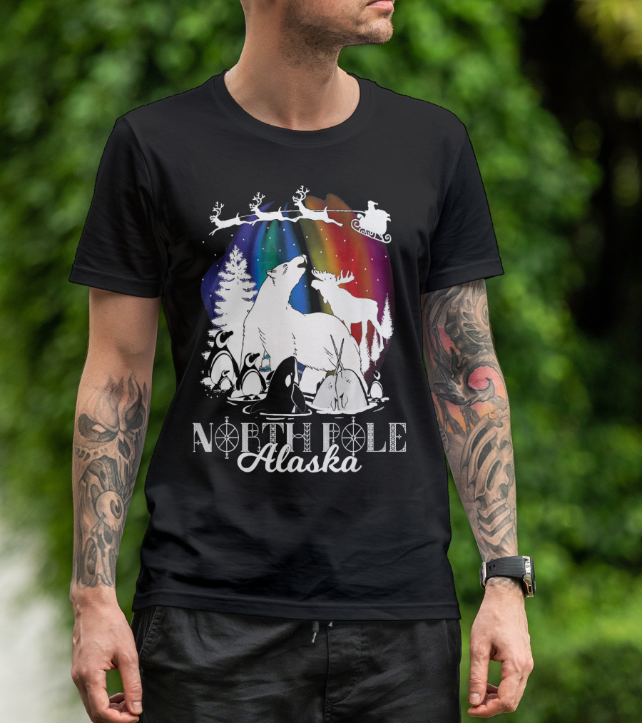 North Pole Alaska Aurora Borealis Polar Bears Reindeer Penguins Santa Sleigh T-Shirt