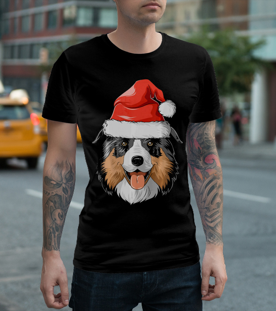 Australian Shepherd Dog Wearing Festive Santa Hat T-Shirt