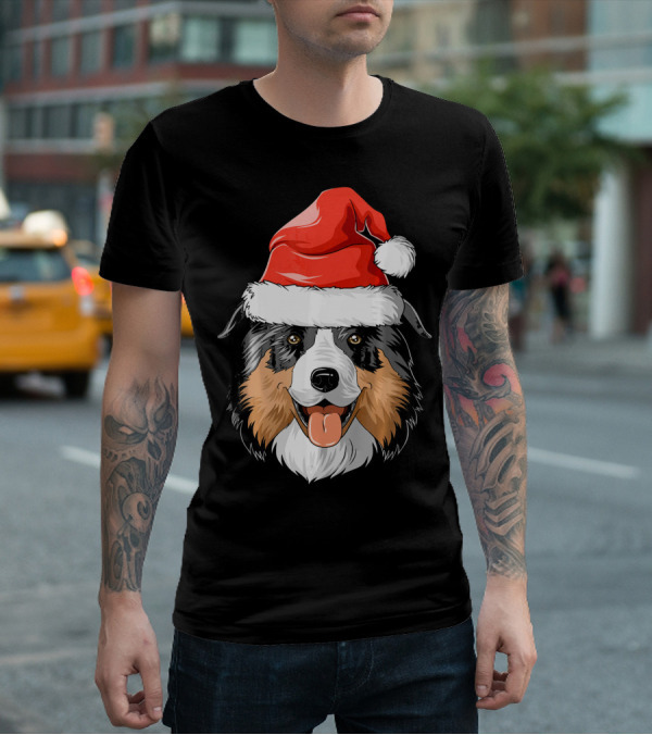 Australian Shepherd Dog Wearing Festive Santa Hat T-Shirt