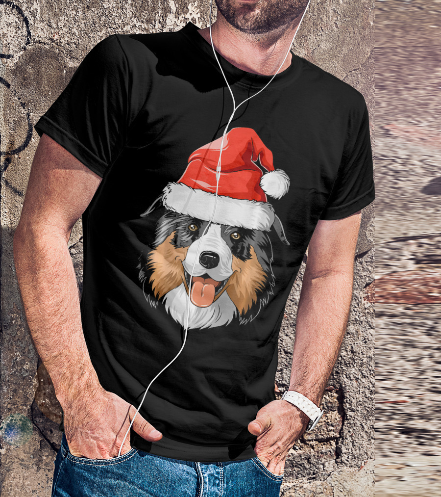 Australian Shepherd Dog Wearing Festive Santa Hat T-Shirt