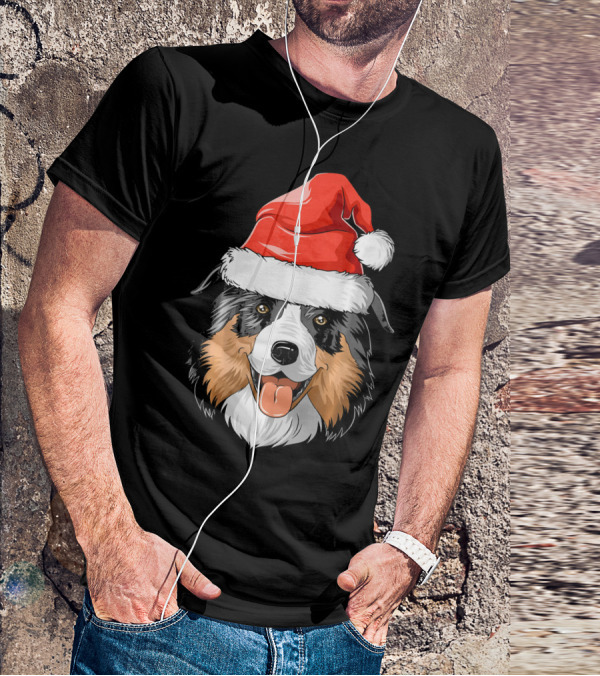 Australian Shepherd Dog Wearing Festive Santa Hat T-Shirt