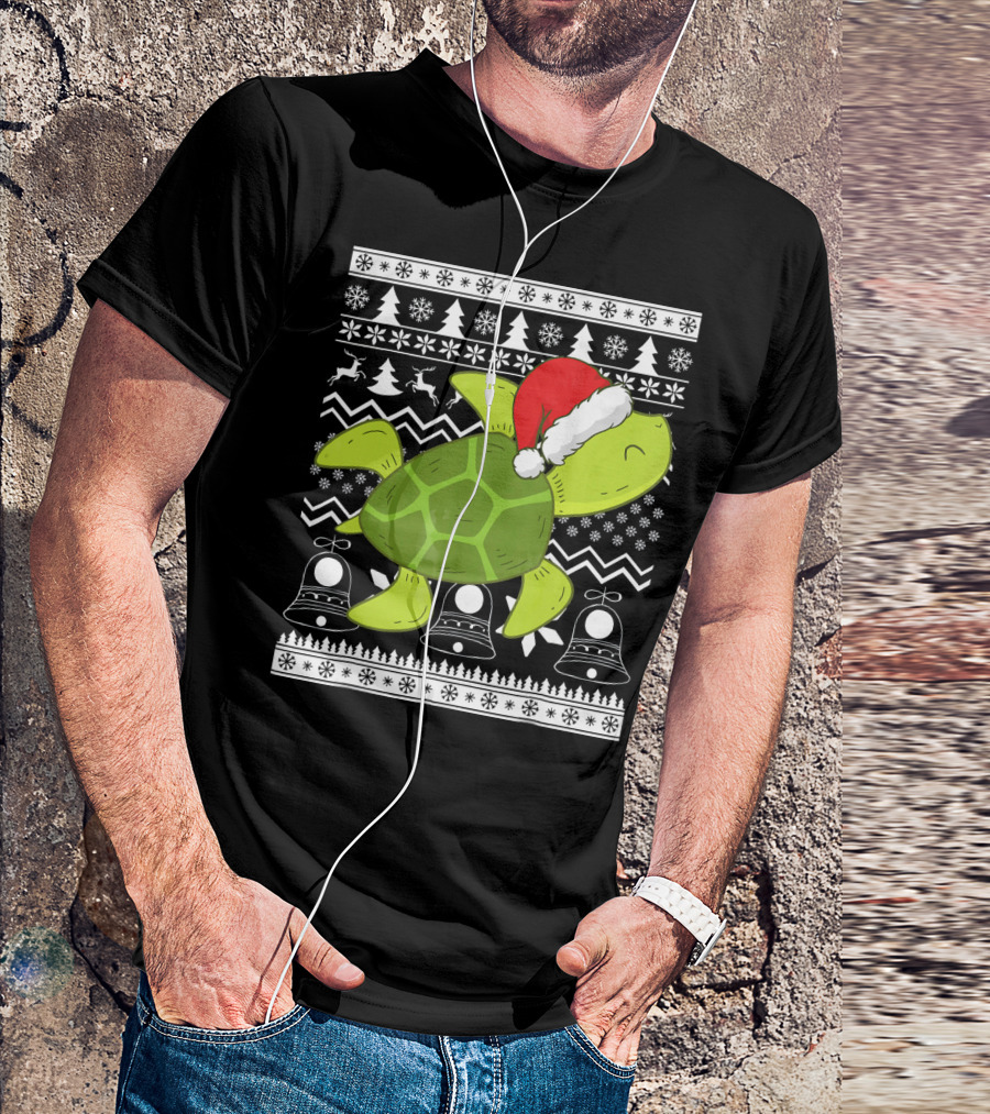 Sea Turtle Santa Holiday Sweater Design With Christmas Bells, Reindeer, Trees, And Snowflakes T-Shirt