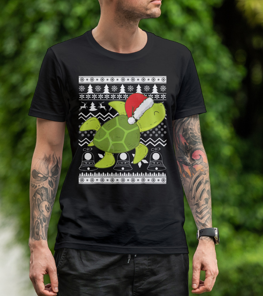 Sea Turtle Santa Holiday Sweater Design With Christmas Bells, Reindeer, Trees, And Snowflakes T-Shirt