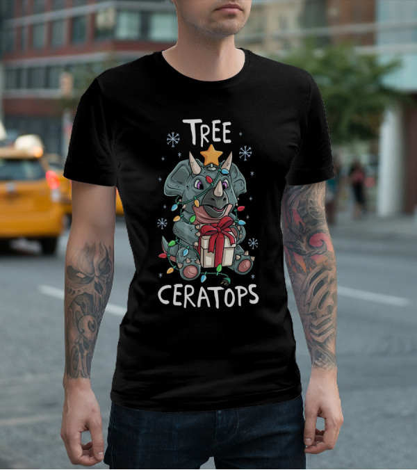 Tree Ceratops Cute Triceratops Dinosaur Christmas Lights T-Shirt